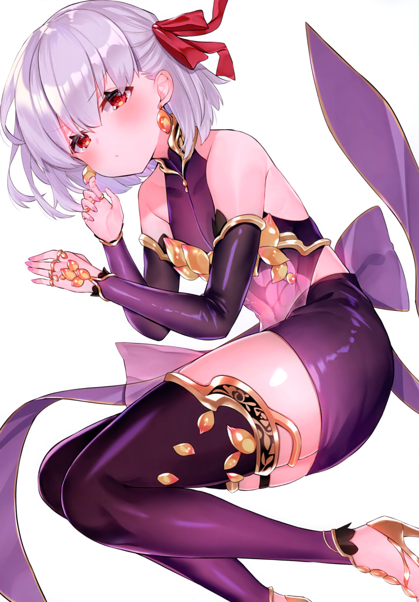 1girl absurdres armlet armor bangs bare_shoulders bikini_armor blush bracelet breasts collar detached_sleeves dress earrings fate/grand_order fate_(series) floral_print hair_ribbon highres jewelry kama_(fate) legs looking_at_viewer lying metal_collar miniskirt on_side pelvic_curtain purple_dress purple_legwear purple_skirt purple_sleeves red_eyes ribbon ring sandals short_hair silver_hair simple_background skirt small_breasts solo suzuho_hotaru thigh-highs thighlet white_background