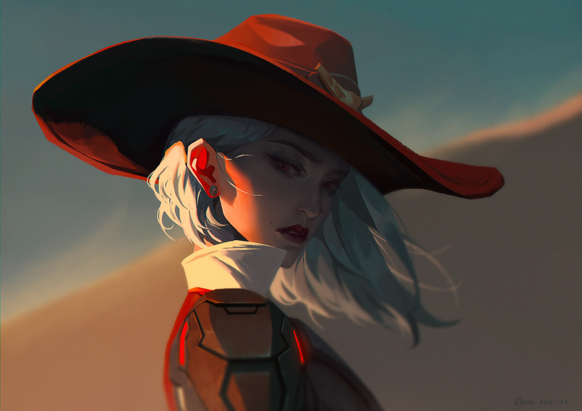 1girl ashe_(overwatch) ashes c_home collared_shirt ear_piercing from_side hat jewelry lipstick looking_at_viewer makeup overwatch piercing red_eyes shirt short_hair solo sun_hat white_hair