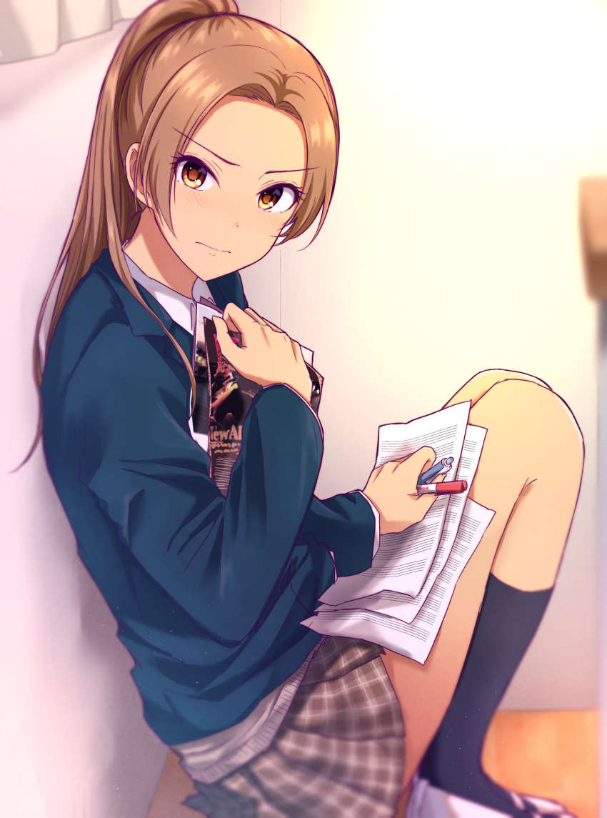 1girl against_wall black_legwear blazer blue_jacket blurry blurry_background brown_eyes brown_hair brown_skirt closed_mouth eyebrows_visible_through_hair hair_intakes highres holding holding_pen idolmaster idolmaster_cinderella_girls jacket kneehighs long_hair long_sleeves looking_at_viewer matsunaga_ryou meimei_color miniskirt pen plaid plaid_skirt pleated_skirt ponytail school_uniform shiny shiny_hair shirt sitting skirt solo sweater white_shirt wooden_floor