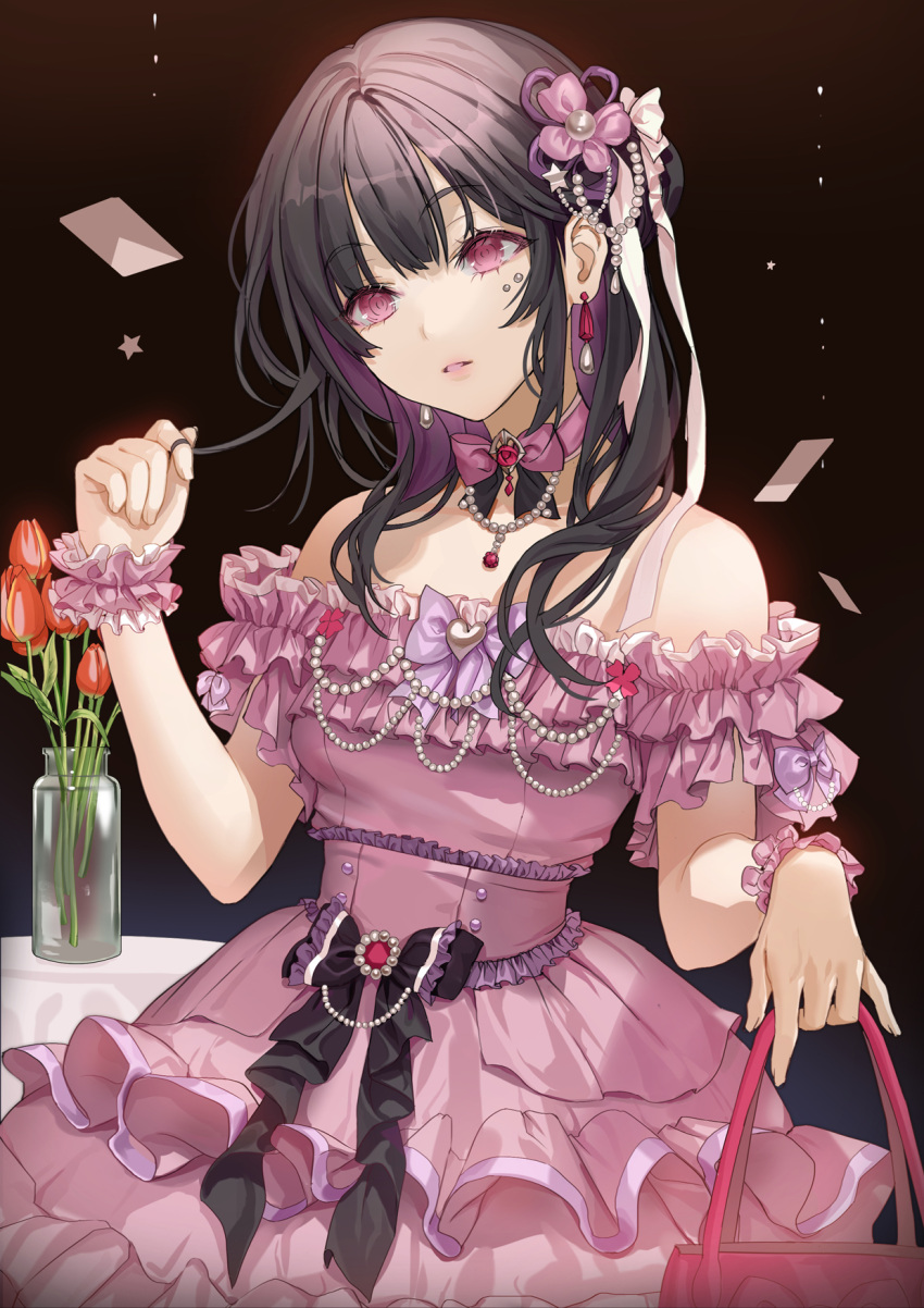 1girl bag bangs bare_shoulders black_hair bow bowtie dress earrings eyebrows_visible_through_hair flower frilled_dress frills hair_flower hair_ornament hair_ribbon highres holding holding_bag jewelry lloule long_hair necklace original parted_lips pink_bow pink_eyes plant potted_plant ribbon solo standing star_(symbol) star_hair_ornament strapless strapless_dress table wrist_cuffs