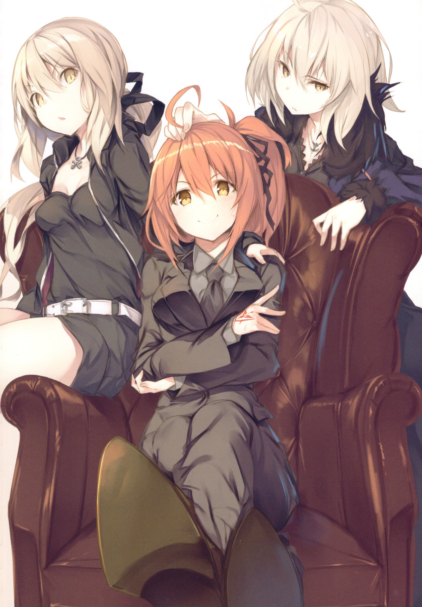 3girls absurdres ahoge alternate_costume artoria_pendragon_(all) bangs black_suit breasts couch fal_maro fate/grand_order fate_(series) fujimaru_ritsuka_(female) grabbing_another's_hair highres jacket jeanne_d'arc_(alter)_(fate) jeanne_d'arc_(fate)_(all) looking_at_viewer medium_breasts multiple_girls necktie orange_hair short_hair silver_hair simple_background sitting small_breasts smile smug white_background wicked_dragon_witch_ver._shinjuku_1999 yellow_eyes