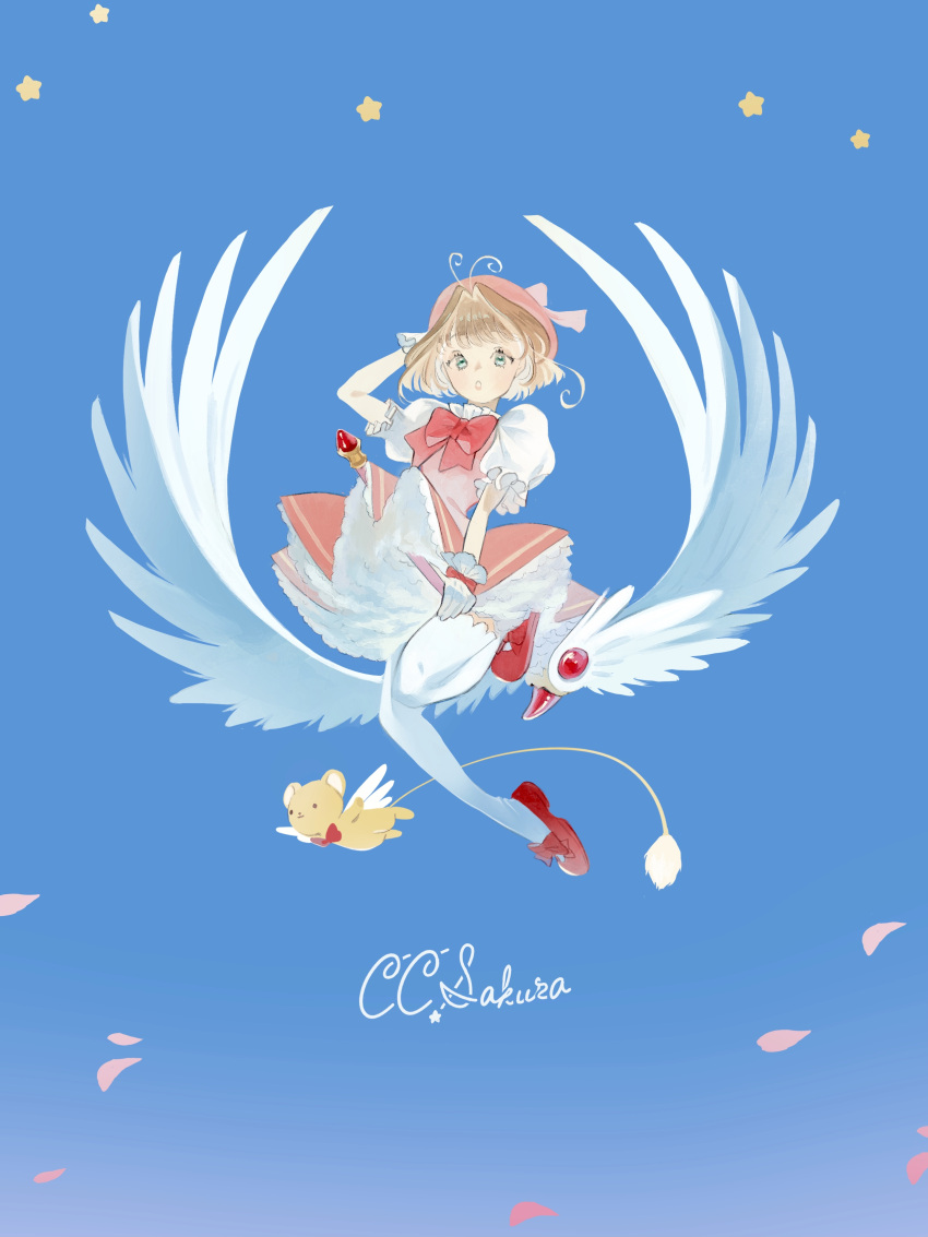 1girl absurdres arm_up bangs blue_background bow brown_hair cardcaptor_sakura copyright_name dress gloves hat highres kero kinomoto_sakura mu_mashu petals pink_bow pink_dress pink_headwear puffy_short_sleeves puffy_sleeves red_footwear shoes short_hair short_sleeves solo star_(symbol) thigh-highs white_gloves white_legwear wide_shot wings