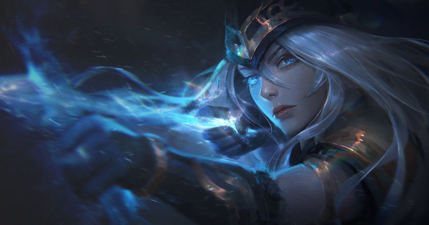 1girl arrow_(projectile) ashe_(league_of_legends) bangs black_headwear blue_eyes bow_(weapon) breasts gloves grey_hair hair_between_eyes highres league_of_legends long_hair shiny shiny_clothes shiny_hair snow snowing solo solraka weapon