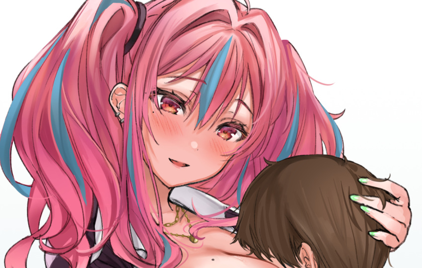 1boy 1girl azur_lane bangs blush breasts bremerton_(azur_lane) brown_eyes commission eye_piercing eyebrows_visible_through_hair gyudan_(t1k_7) hug hug_from_behind jewelry large_breasts long_hair looking_at_another mole mole_on_breast mole_under_eye multicolored_hair necklace open_mouth pink_hair skeb_commission twintails white_background