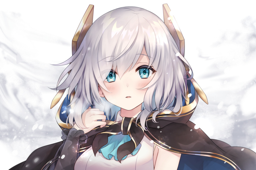1girl ars_almal ascot black_cape blue_eyes blue_neckwear blush breasts cape commentary_request eyes_visible_through_hair hair_over_one_eye hand_up highres hood hood_down hooded_cape ichinose_(sorario) long_sleeves looking_at_viewer medium_breasts nijisanji parted_lips puffy_long_sleeves puffy_sleeves see-through see-through_sleeves shirt silver_hair solo upper_body virtual_youtuber white_shirt