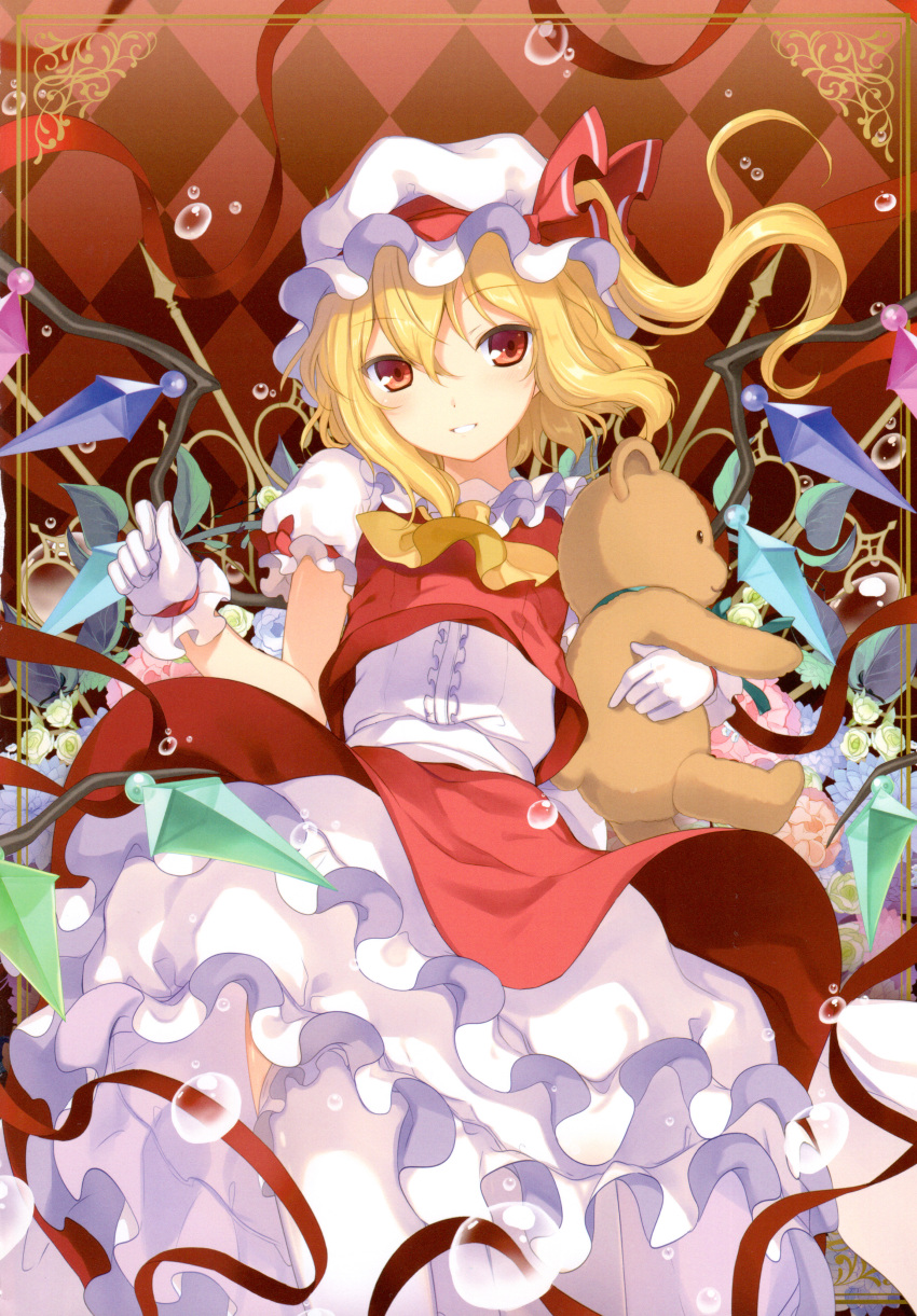 1girl 6u_(eternal_land) :d absurdres blonde_hair flandre_scarlet frills gloves hat highres looking_at_viewer mob_cap open_mouth red_eyes scan side_ponytail smile solo stuffed_animal stuffed_toy teddy_bear touhou white_gloves wings
