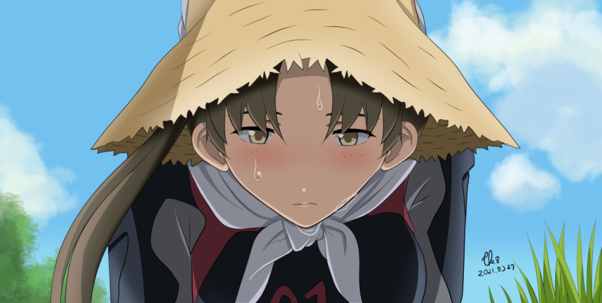 1girl ayanami_(kancolle) ayanami_rei ayanami_rei_(cosplay) blue_sky bodysuit brown_eyes brown_hair clouds commentary_request cosplay day evangelion:_3.0+1.0_thrice_upon_a_time grass hat kantai_collection long_hair namesake neon_genesis_evangelion outdoors pilot_suit plugsuit rebuild_of_evangelion side_ponytail sky solo tk8d32 upper_body