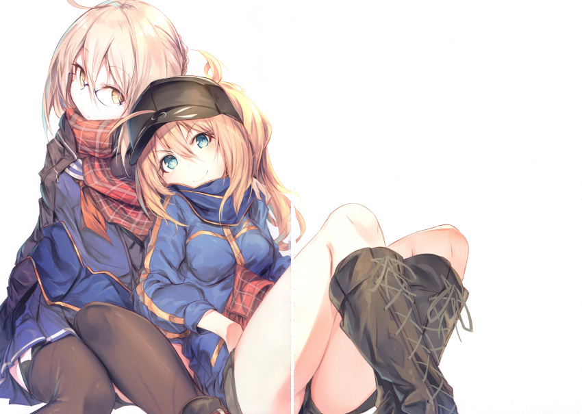 2girls absurdres ahoge artoria_pendragon_(all) bangs baseball_cap black_footwear blonde_hair blue_eyes blue_jacket blue_scarf blue_skirt boots braid closed_mouth coat crease duffel_coat eyebrows_visible_through_hair fal_maro fate/grand_order fate_(series) french_braid garter_straps glasses hair_between_eyes hair_through_headwear hat highres jacket knee_boots long_hair looking_at_viewer multiple_girls mysterious_heroine_x_(alter)_(fate) mysterious_heroine_x_(fate) open_clothes open_coat plaid plaid_scarf platinum_blonde_hair pleated_skirt ponytail red_scarf scan scan_artifacts scarf school_uniform serafuku short_shorts shorts sidelocks silver_hair simple_background sitting skirt smile thigh-highs thighs track_jacket white_background yellow_eyes