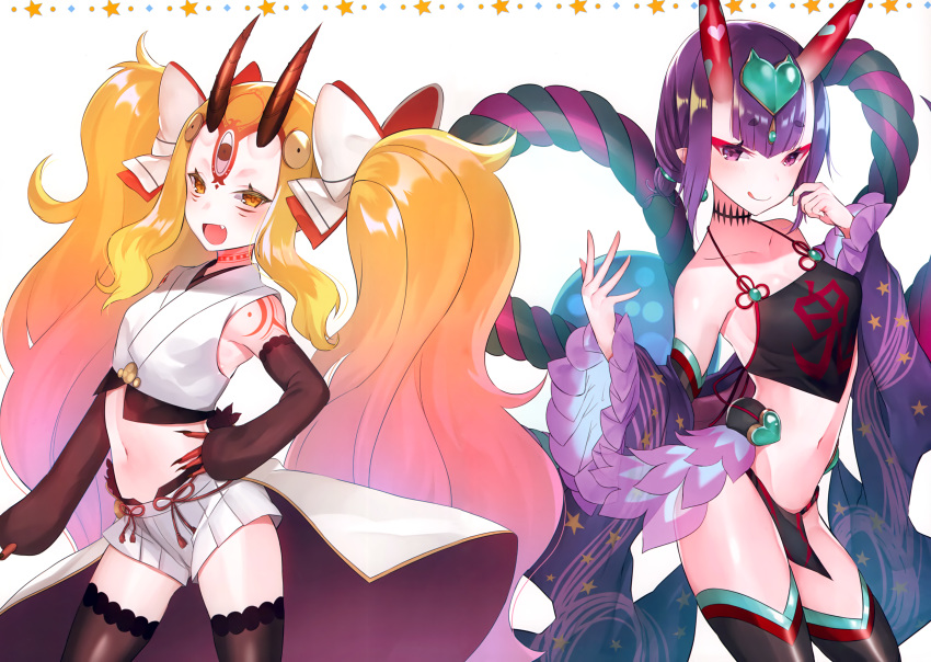 absurdres alcohol bangs bare_shoulders blonde_hair blush bob_cut breasts collarbone eyeliner facial_mark fate/grand_order fate_(series) forehead forehead_mark hair_pulled_back headpiece highres horns huge_filesize ibaraki_douji_(fate) japanese_clothes kimono long_hair long_sleeves makeup off_shoulder oni oni_horns open_mouth pointy_ears purple_hair purple_kimono sash short_hair shuten_douji_(fate) skin-covered_horns small_breasts smile suzuho_hotaru tattoo thigh-highs violet_eyes wide_sleeves yellow_eyes yellow_kimono
