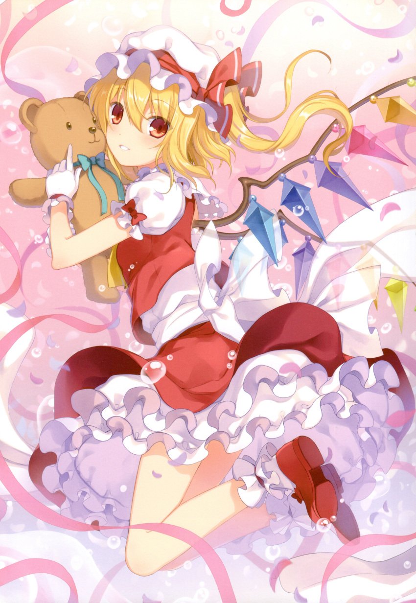 1girl 6u_(eternal_land) :d absurdres air_bubble ascot blonde_hair blush bow bubble dress flandre_scarlet frills gloves hat highres looking_at_viewer mob_cap open_mouth red_eyes ribbon scan shoes short_hair short_sleeves side_ponytail skirt smile solo stuffed_animal stuffed_toy teddy_bear touhou white_gloves wings