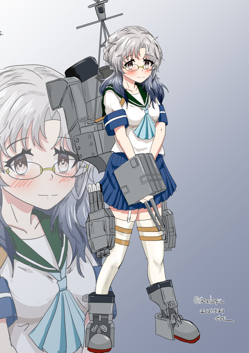 1girl adapted_turret aqua_neckwear blue_skirt brown_eyes cannon glasses grey_hair highres hirato_(kancolle) kantai_collection mast miniskirt neckerchief older pleated_skirt rigging school_uniform senon serafuku short_hair short_sleeves skirt smokestack thigh-highs torpedo_launcher turret wavy_hair white_legwear zoom_layer