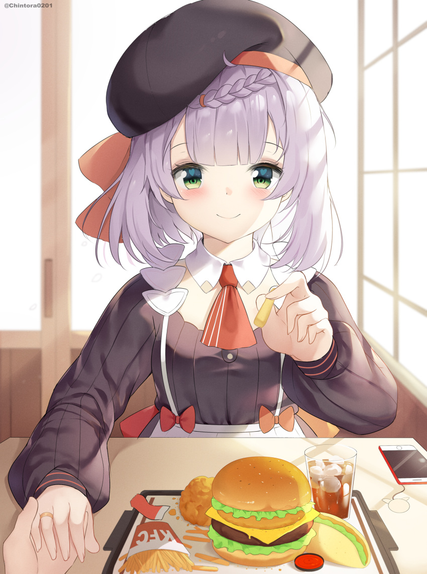 1girl artist_name bangs beret blush bow braid breasts chintora0201 english_commentary eyebrows_visible_through_hair fast_food food french_fries genshin_impact green_eyes hamburger hat highres holding holding_food holding_hands ice ice_cube iced_tea incoming_food indoors jewelry kfc long_sleeves looking_at_viewer medium_hair noelle_(genshin_impact) plate purple_hair red_bow ring shirt short_hair sitting smile solo table
