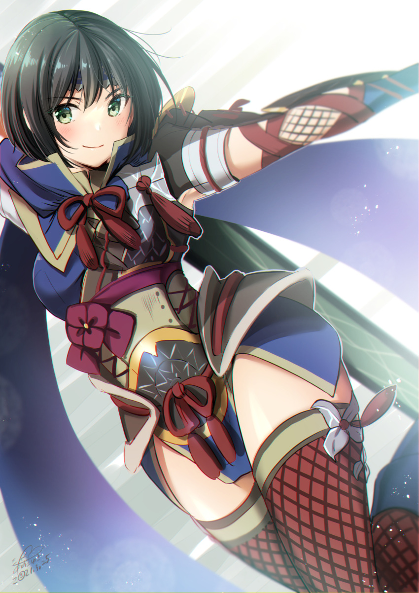 &gt;:) 1girl armor armored_dress azuma_yuki bangs black_hair blue_dress blush breasts closed_mouth dated dress eyebrows_visible_through_hair fishnet_legwear fishnets green_eyes hair_between_eyes highres kamura_(armor) medium_breasts monster_hunter_(series) monster_hunter_rise outstretched_arm pelvic_curtain red_legwear short_hair signature smile solo thigh-highs v-shaped_eyebrows