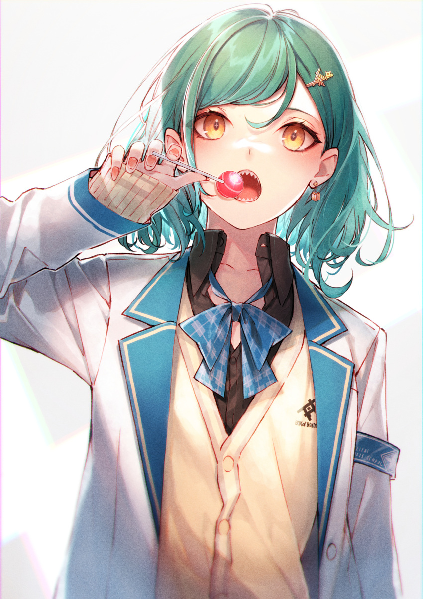 1girl absurdres bow brown_cardigan candy cardigan earrings food green_hair hair_behind_ear hair_ornament hairclip highres holding holding_candy holding_food holding_lollipop jacket jewelry kitakouji_hisui kuwashima_rein lollipop looking_at_viewer nijisanji open_clothes open_jacket plaid plaid_bow sharp_teeth short_hair solo teeth upper_body virtual_youtuber white_background white_jacket yellow_eyes