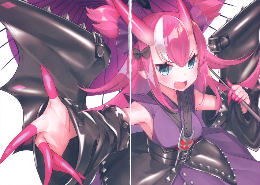 1girl absurdres bangs bat_wings black_sleeves black_wings blue_eyes blush breasts crease detached_sleeves elizabeth_bathory_(fate) elizabeth_bathory_(fate)_(all) eyebrows_visible_through_hair fate/extra fate/extra_ccc fate/grand_order fate_(series) fingernails hair_between_eyes hair_ribbon highres horns japanese_clothes kimono long_hair long_sleeves looking_at_viewer oni_horns pink_hair pointy_ears profile purple_kimono purple_ribbon ribbon scan scan_artifacts sidelocks simple_background sleeveless sleeveless_kimono small_breasts solo suzuho_hotaru very_long_hair white_background wings