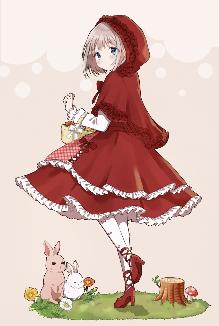 1girl alternate_costume bangs basket blue_eyes bubble_background cosplay dress eyebrows_visible_through_hair flower frilled_dress frilled_skirt frilled_sleeves frills grass grey_hair highres idolmaster idolmaster_shiny_colors little_red_riding_hood little_red_riding_hood_(grimm) little_red_riding_hood_(grimm)_(cosplay) long_sleeves looking_at_viewer looking_back meno_(imas_ll) rabbit red_footwear red_ribbon ribbon serizawa_asahi short_hair skirt solo standing standing_on_one_leg white_legwear