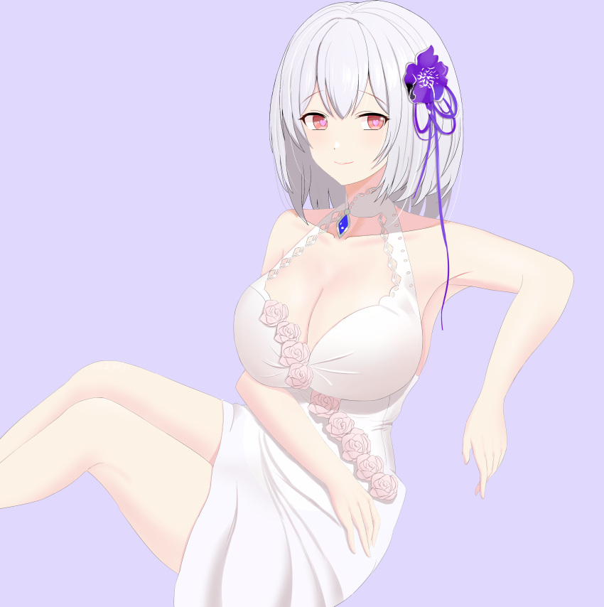 1girl absurdres azur_lane bare_shoulders breasts dress feet_out_of_frame flower flower-trimmed_dress hair_flower hair_ornament halter_dress halterneck highres large_breasts light_purple_hair nightgown official_alternate_costume purple_flower red_eyes rose simple_background sirius_(azur_lane) sirius_(white_rose)_(azur_lane) sleeveless sleeveless_dress solo tokoro_(4338) white_dress white_flower white_hair white_rose