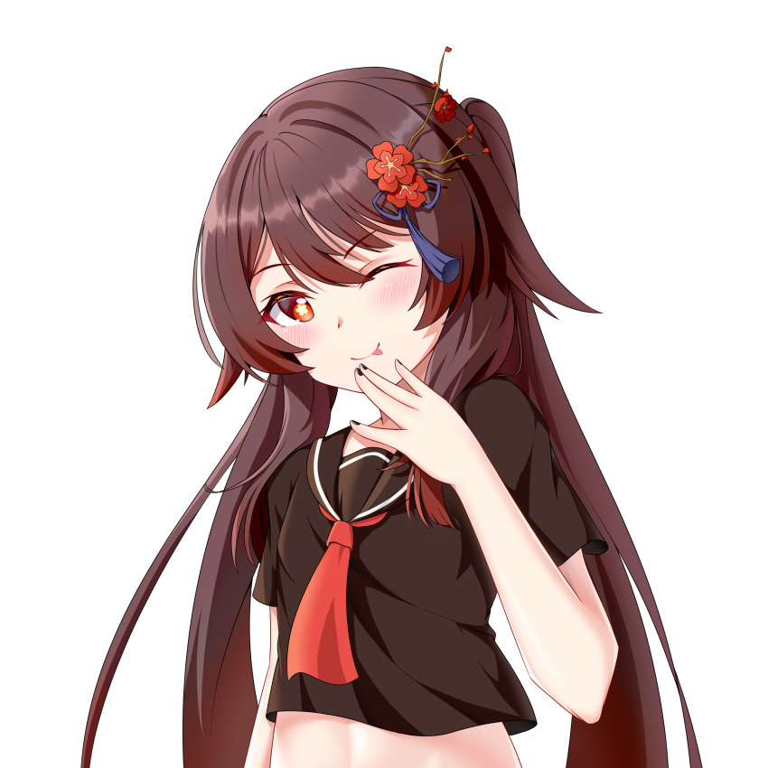 1girl ;p absurdres bangs blush brown_hair flower genshin_impact hair_flower hair_ornament hand_on_own_face highres hu_tao long_hair looking_at_viewer midriff one_eye_closed red_eyes red_neckwear sailor_collar school_uniform serafuku short_sleeves sif123456 simple_background smile symbol-shaped_pupils tongue tongue_out twintails upper_body very_long_hair white_background