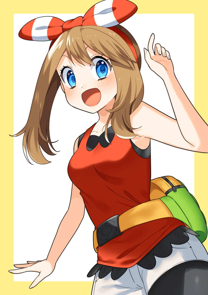 1girl :d absurdres bangs bare_arms bike_shorts blue_eyes blush bow_hairband breasts collarbone commentary_request eyelashes fanny_pack hairband hand_up highres light_brown_hair long_hair looking_at_viewer may_(pokemon) open_mouth pokemon pokemon_(game) pokemon_oras shirt shorts sleeveless sleeveless_shirt smile tongue white_shorts yuihico