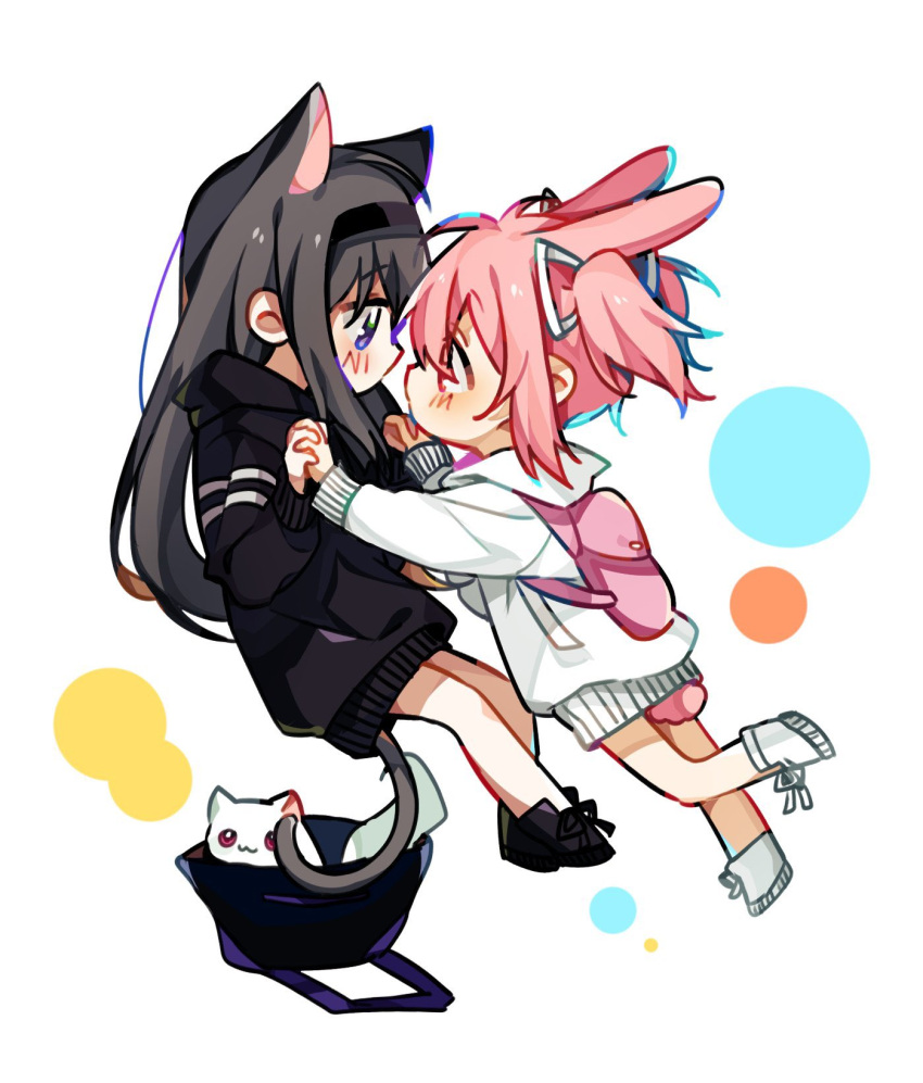 2girls akemi_homura animal_ears backpack bag black_footwear black_hair black_hairband black_hoodie bunny_tail cat_ears chibi commentary creature expressionless eye_contact eyebrows_visible_through_hair face-to-face feet_up from_side full_body hair_ribbon hairband highres holding_hands hood hood_down hoodie in_bag in_container interlocked_fingers kaname_madoka kemonomimi_mode kyubey legs_together light_blush long_hair looking_at_another mahou_shoujo_madoka_magica mamasna_(mattna_mmm) multiple_girls no_mouth pink_eyes pink_hair polka_dot polka_dot_background profile rabbit_ears ribbon shiny shiny_hair shoes simple_background symbol_commentary tail tareme twintails violet_eyes white_background white_footwear white_hoodie white_ribbon