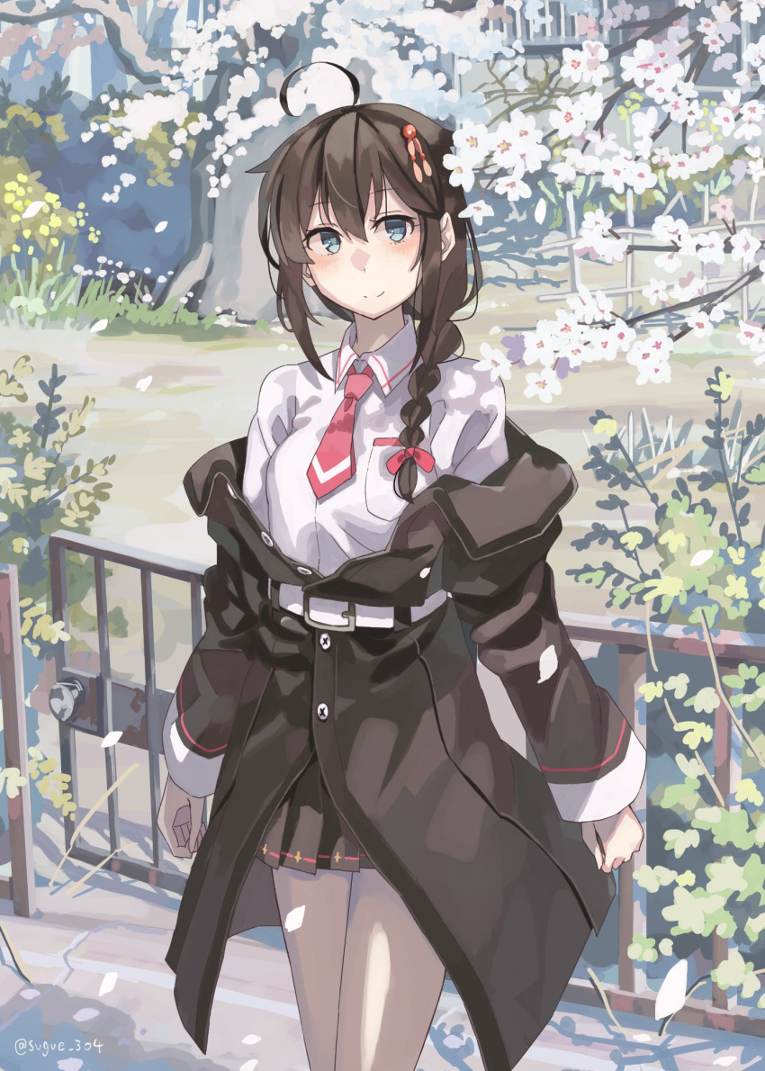 1girl ahoge black_coat black_skirt blue_eyes blush braid brown_hair buttons cherry_blossoms closed_mouth coat collared_shirt eyebrows_visible_through_hair hair_between_eyes hair_flaps highres kantai_collection long_hair long_sleeves necktie pleated_skirt red_neckwear remodel_(kantai_collection) shigure_(kancolle) shirt single_braid skirt smile solo sugue_tettou twitter_username white_shirt