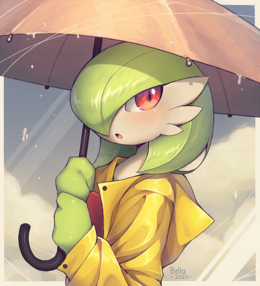 :o artist_name bellavoirr blush buttons clothed_pokemon commentary dated english_commentary gardevoir gen_3_pokemon hands_up highres holding holding_umbrella looking_back open_mouth orange_eyes pokemon raincoat tongue umbrella water_drop