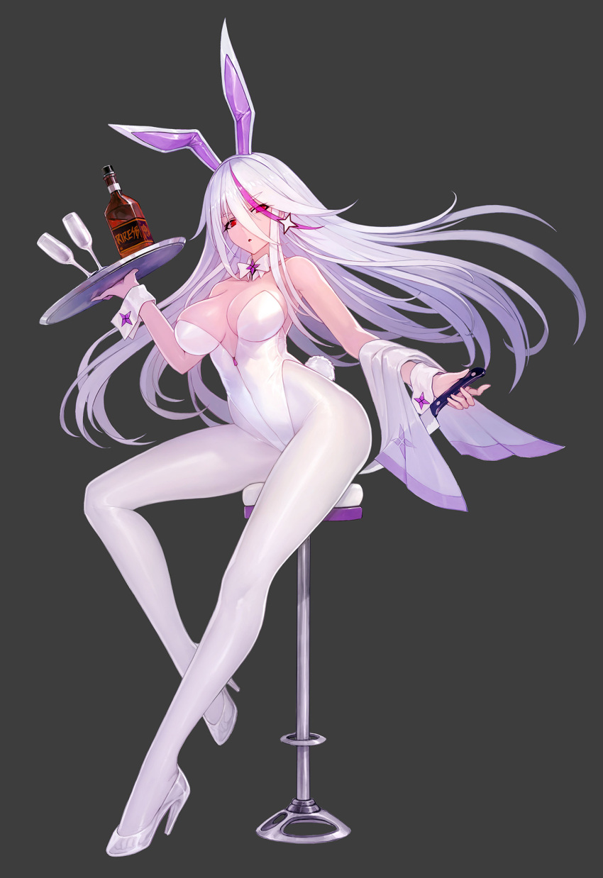 1girl animal_ears bottle breasts breasts_apart bunny_tail detached_collar eyebrows_visible_through_hair glasses grey_background hair_between_eyes high_heels highleg highleg_leotard highres knife large_breasts leotard long_hair looking_at_viewer multicolored_hair original pantyhose rabbit_ears red_eyes sitting solo strapless strapless_leotard streaked_hair tail tray two-tone_hair white_hair white_legwear wrist_cuffs zhuore_zhi_hen