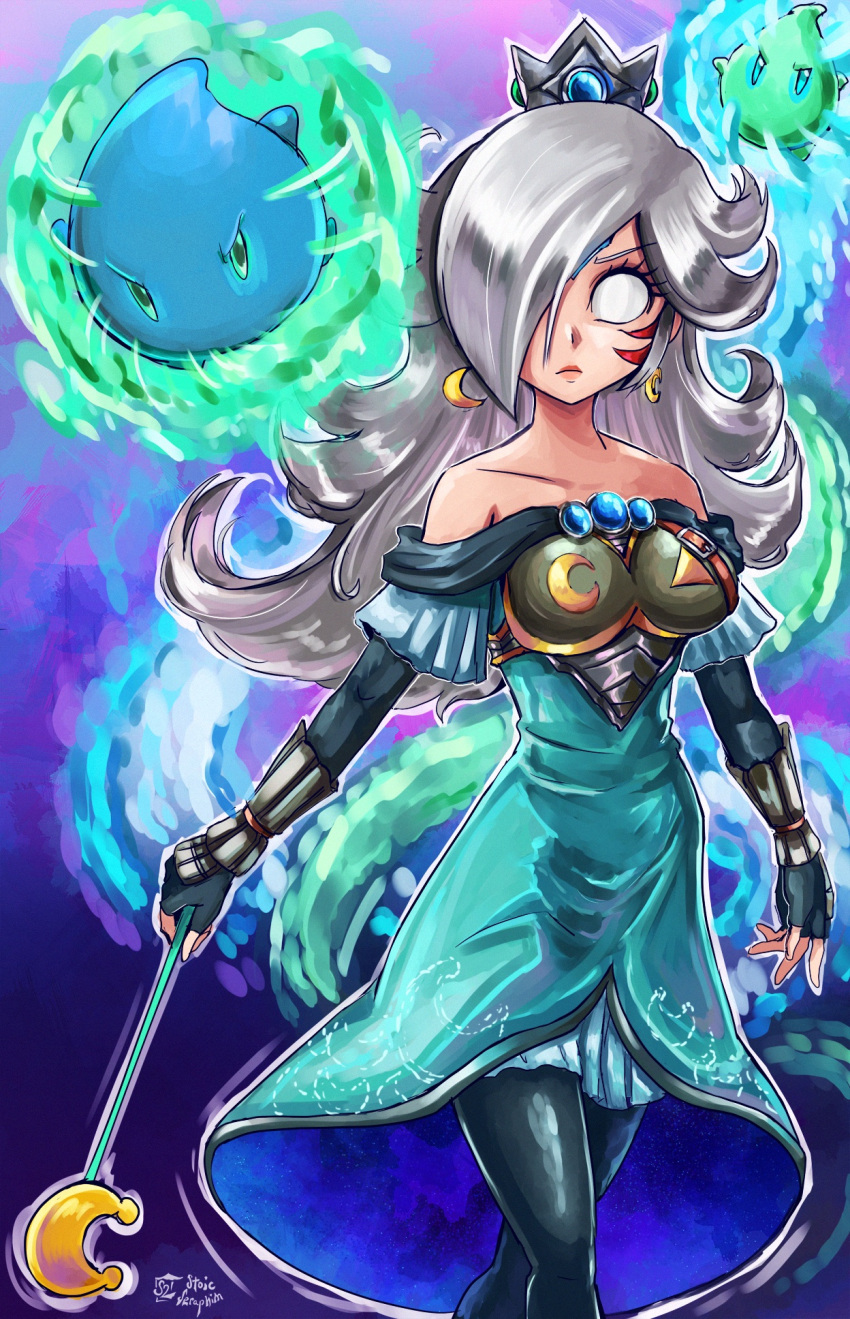 armor blank_eyes breasts crescent fierce_deity highres luma super_mario_bros. rosalina stoic_seraphim super_mario_bros. the_legend_of_zelda the_legend_of_zelda:_majora's_mask triangle white_hair