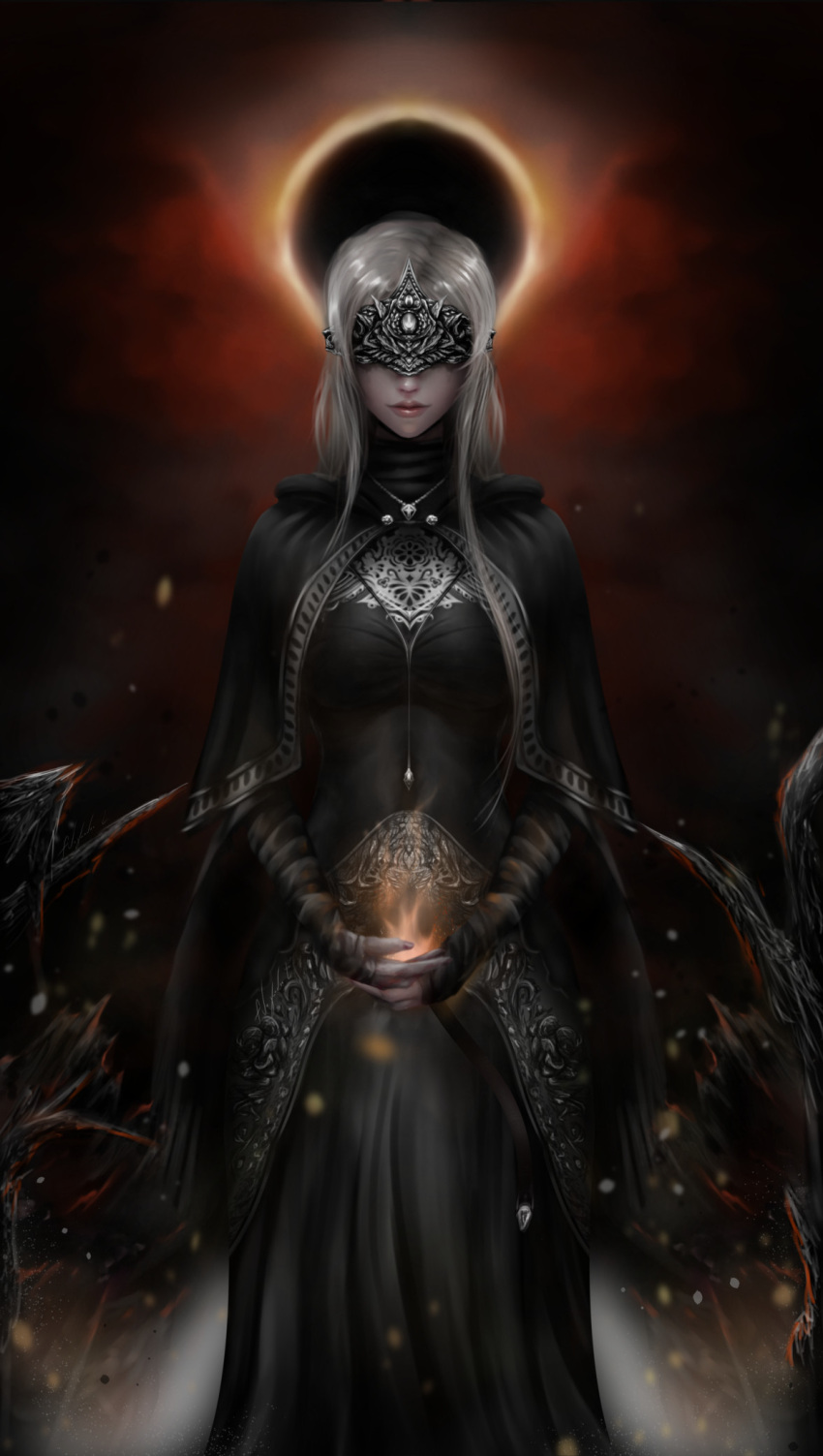 1girl arm_wrap blindfold blonde_hair blurry cape cloak covered_eyes dark_souls_iii defenixx depth_of_field eye_mask fire_keeper full_body highres lips long_hair mask solo souls_(from_software)