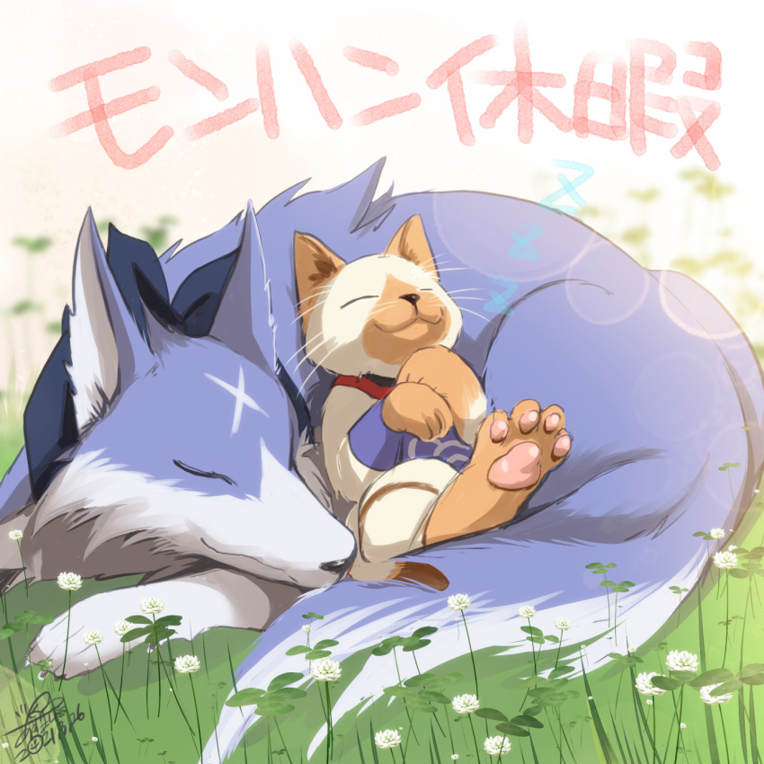 animal animal_focus azuma_yuki bandana blurry blurry_background canyne cat closed_eyes closed_mouth dated depth_of_field facing_viewer felyne flower highres monster_hunter_(series) monster_hunter_rise no_humans on_grass signature sleeping smile translated white_flower wolf zzz