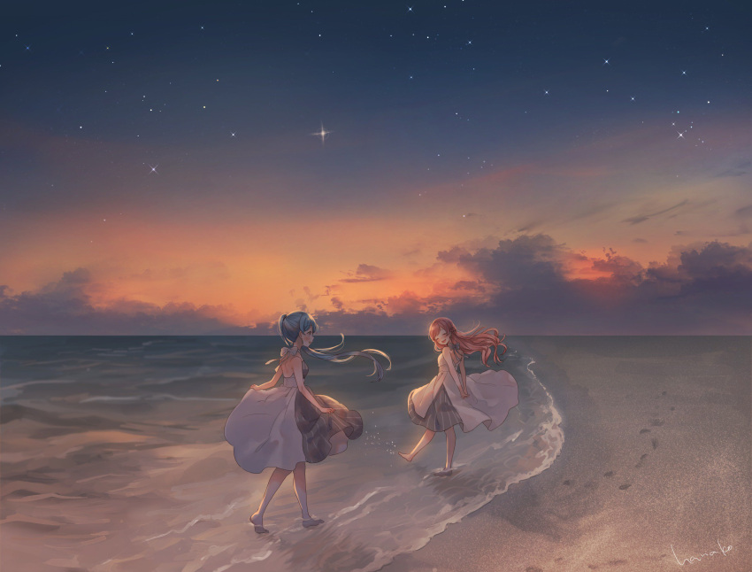 2girls arms_behind_back bare_legs barefoot beach blue_hair blush bow bow_dress clouds dress floating_hair hanako151 highres long_hair looking_at_another multiple_girls ocean open_mouth outdoors redhead signature skirt_hold sky smile splashing star_(sky) starry_sky striped sunset twintails vertical-striped_dress vertical_stripes white_bow white_dress