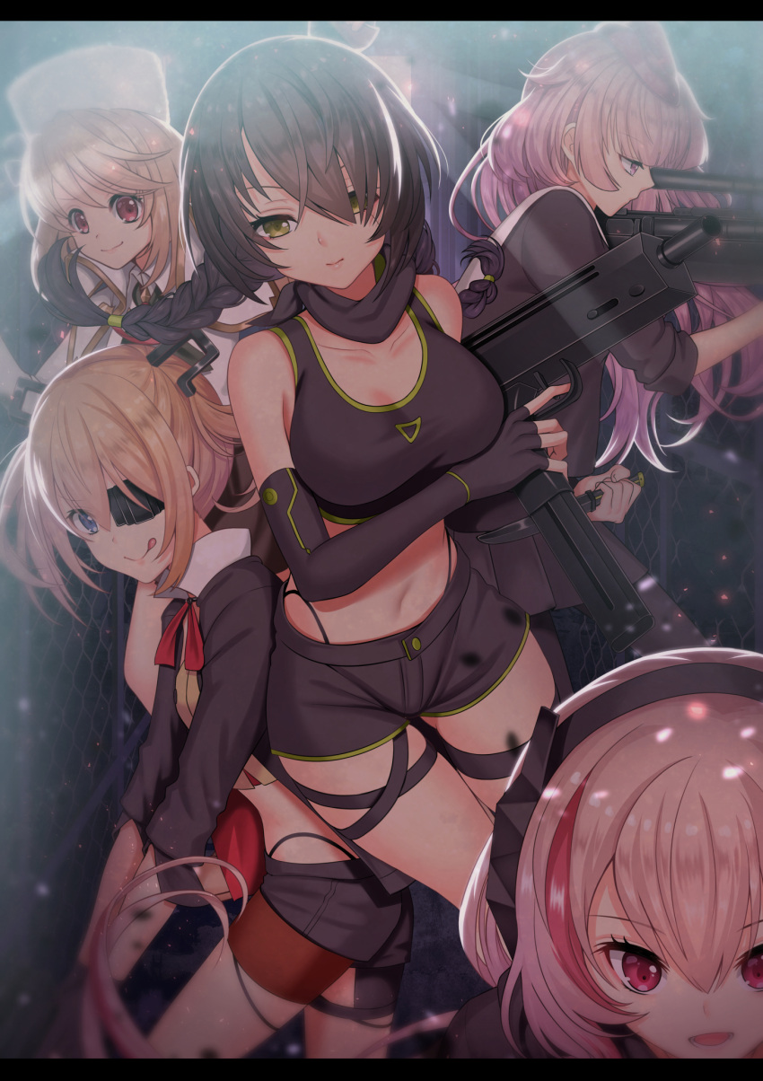 5girls awasete0 bangs black_hair blonde_hair blue_eyes blurry braid breasts chain-link_fence crop_top dappled_sunlight depth_of_field eyepatch fence girls_frontline green_eyes gun hair_over_one_eye hairband highres holding holding_gun holding_weapon large_breasts licking_lips light_rays lips long_hair looking_ahead looking_at_viewer low_twintails m4_sopmod_ii_(girls_frontline) mac-10_(girls_frontline) multicolored_hair multiple_girls nagant_revolver_(girls_frontline) ntw-20_(girls_frontline) pink_eyes pink_hair red_eyes scope shorts skorpion_(girls_frontline) streaked_hair submachine_gun sunbeam sunlight swept_bangs thighs tongue tongue_out twintails two_side_up weapon