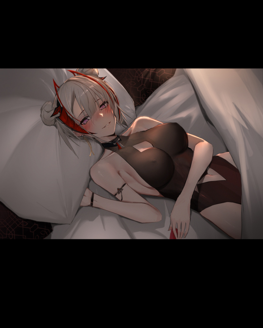 1girl absurdres alternate_hairstyle anming arknights arm_strap bangs bare_shoulders bed_sheet black_leotard blanket blush breasts cleavage_cutout clothing_cutout commentary_request covered_nipples double_bun earrings eyebrows_visible_through_hair highleg highleg_leotard highres horns jewelry large_breasts leotard looking_at_viewer lying navel navel_cutout on_back on_bed parted_lips pillow short_hair smile solo violet_eyes w_(arknights) wristband