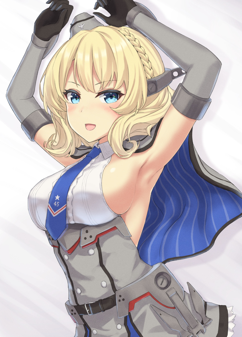 1girl armpits belt belt_buckle black_belt black_gloves blonde_hair blue_eyes blue_neckwear blush breasts buckle buttons capelet collared_shirt colorado_(kancolle) elbow_gloves garrison_cap gloves grey_headwear hat highres kantai_collection large_breasts monoku necktie open_mouth shirt short_hair sideboob sleeveless sleeveless_shirt smile solo upper_body white_shirt