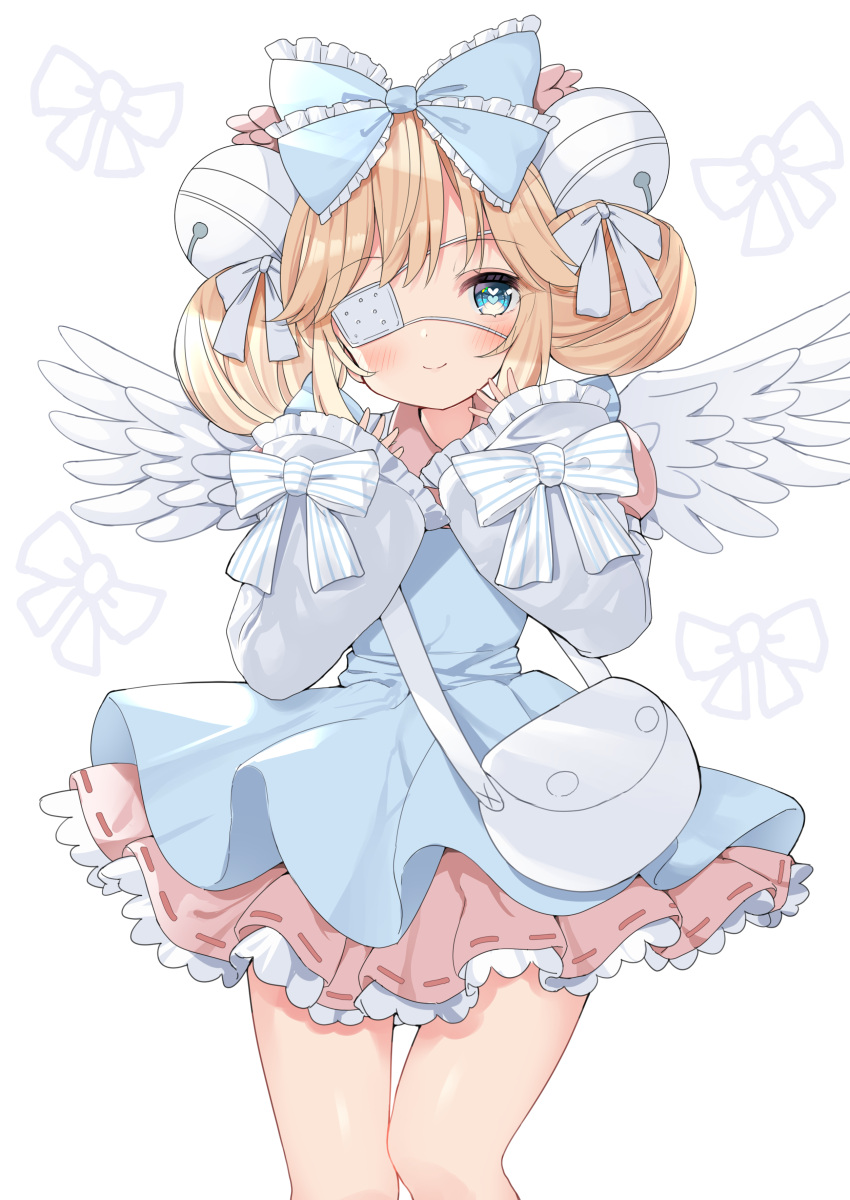 1girl absurdres agaki_anko bell blonde_hair blue_eyes bow double_bun eyepatch feathered_wings frilled_skirt frills hair_bow highres jingle_bell original skirt solo white_background wings