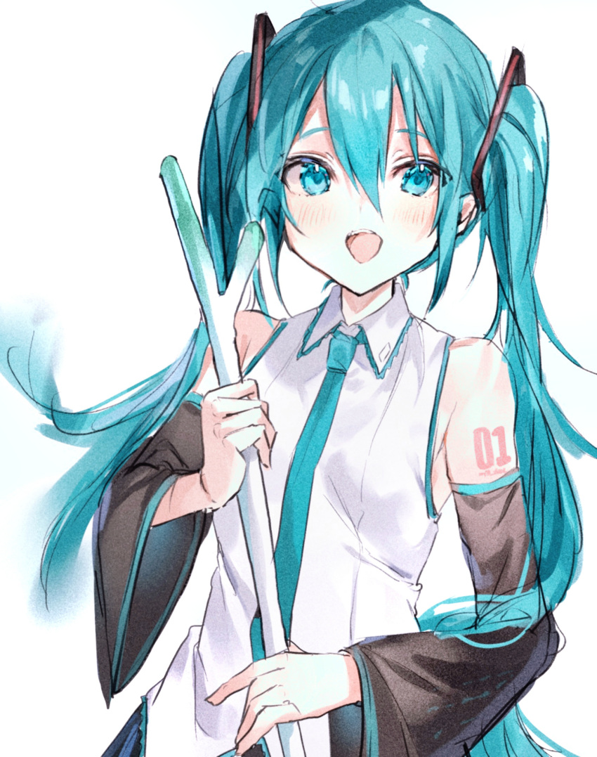 1girl :d aqua_eyes aqua_hair aqua_neckwear bangs bare_shoulders black_sleeves blush collared_shirt commentary_request detached_sleeves hair_between_eyes hatsune_miku highres holding irohatomo long_hair long_sleeves looking_at_viewer necktie number_tattoo open_mouth shirt shoulder_tattoo smile solo spring_onion tattoo twintails upper_body very_long_hair vocaloid white_shirt