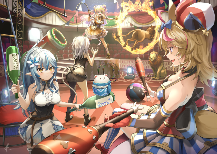 4girls animal_ears asymmetrical_legwear blonde_hair blue_hair bottle bow circus daifuku double_bun dress flower grey_hair hair_flower hair_ornament hat highres hololive hoop jester_cap juggling_club kito_koruta lion lion_ears lion_tail momosuzu_nene multiple_girls omaru_polka pointy_ears ponytail sake_bottle shishiro_botan skirt smile tail trapeze whip yukihana_lamy