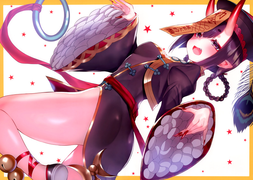 1girl absurdres arm_support ass bangs blunt_bangs braid china_dress chinese_clothes dress eyebrows_visible_through_hair fate/grand_order fate_(series) fingernails hat highres horns huge_filesize jiangshi long_fingernails looking_at_viewer lying on_stomach pointy_ears purple_dress purple_hair red_nails sharp_fingernails short_eyebrows shuten_douji_(fate) simple_background skin-covered_horns solo suzuho_hotaru the_pose twin_braids violet_eyes