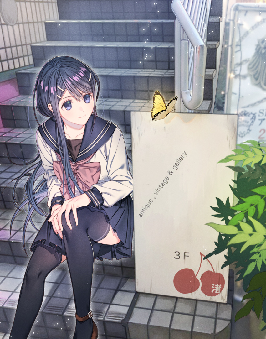 bangs bench black_legwear black_sailor_collar blue_eyes bow brown_footwear bug butterfly cherry_print closed_mouth collarbone commentary_request dangan_ronpa:_trigger_happy_havoc dangan_ronpa_(series) food_print hair_ornament hairclip hand_on_own_knee highres insect knee_up looking_at_animal maizono_sayaka miniskirt nagisa_no_cherii outdoors pink_bow pleated_skirt sailor_collar school_uniform serafuku shirt shoes sign sitting sitting_on_stairs skirt solo stairs thigh-highs tile_floor tiles