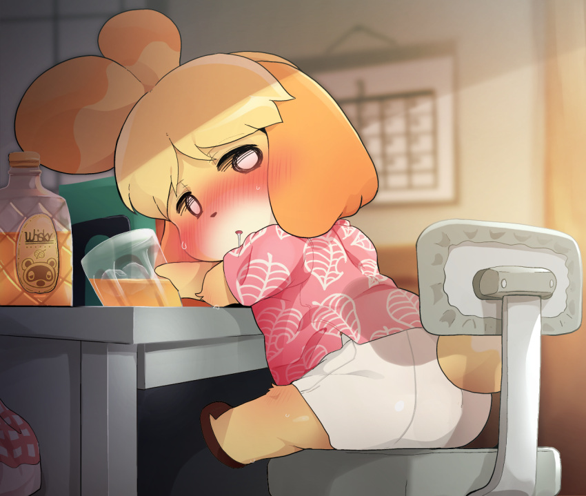 1girl alcohol animal_crossing blurry blurry_background blush bottle calendar_(object) cup dagashi_(daga2626) desk dog_girl drinking_glass drooling drunk hawaiian_shirt isabelle_(animal_crossing) leaf_print looking_at_viewer shirt sitting skirt solo whiskey