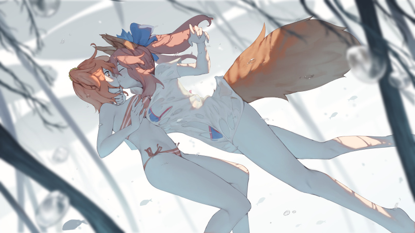 2girls absurdres air_bubble animal_ears asymmetrical_docking bare_arms bare_legs bare_shoulders barefoot bikini bikini_under_clothes blue_bikini blue_bow bow breast_press breasts bubble closed_eyes fate/grand_order fate_(series) feet_out_of_frame fish fox_ears fox_girl fox_tail from_side fujimaru_ritsuka_(female) hair_bow hand_on_another's_chin highres looking_at_another medium_breasts multiple_girls one_side_up orange_bikini orange_eyes orange_hair orange_ribbon pink_hair ponytail profile ribbon rou_(rou22) see-through shirt short_sleeves side-tie_bikini sidelocks striped striped_bikini swimsuit tail tamamo_(fate)_(all) tamamo_no_mae_(swimsuit_lancer)_(fate) underwater white_shirt wide-eyed yuri