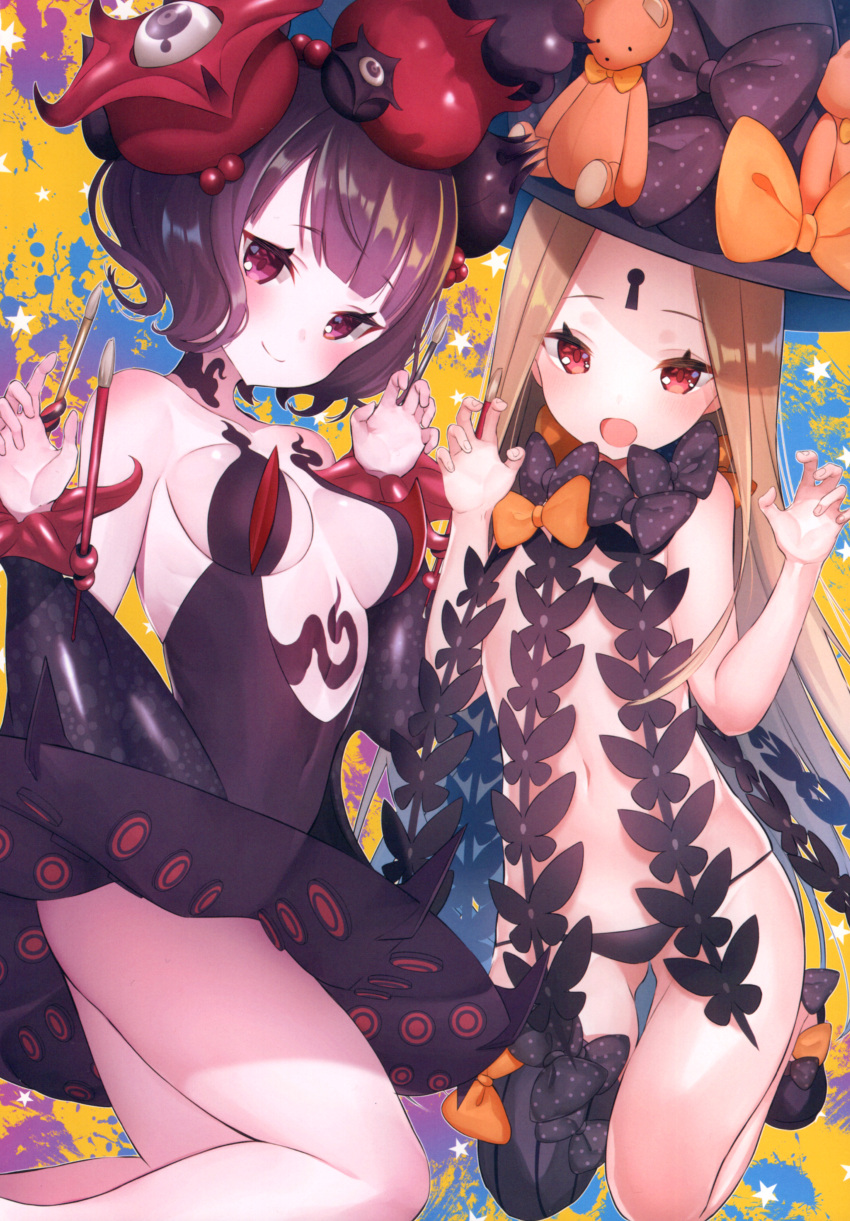 2girls :d abigail_williams_(fate) absurdres bangs black_bow black_dress black_headwear black_panties blonde_hair bow breasts brown_hair claw_pose closed_mouth dress fate/grand_order fate_(series) fingernails hair_ornament hands_up hat hat_bow highres katsushika_hokusai_(fate) long_hair looking_at_viewer medium_breasts multiple_girls open_mouth orange_bow panties parted_bangs polka_dot polka_dot_bow red_eyes revealing_clothes scan smile strapless strapless_dress stuffed_animal stuffed_toy suzuho_hotaru teddy_bear topless underwear very_long_hair witch_hat