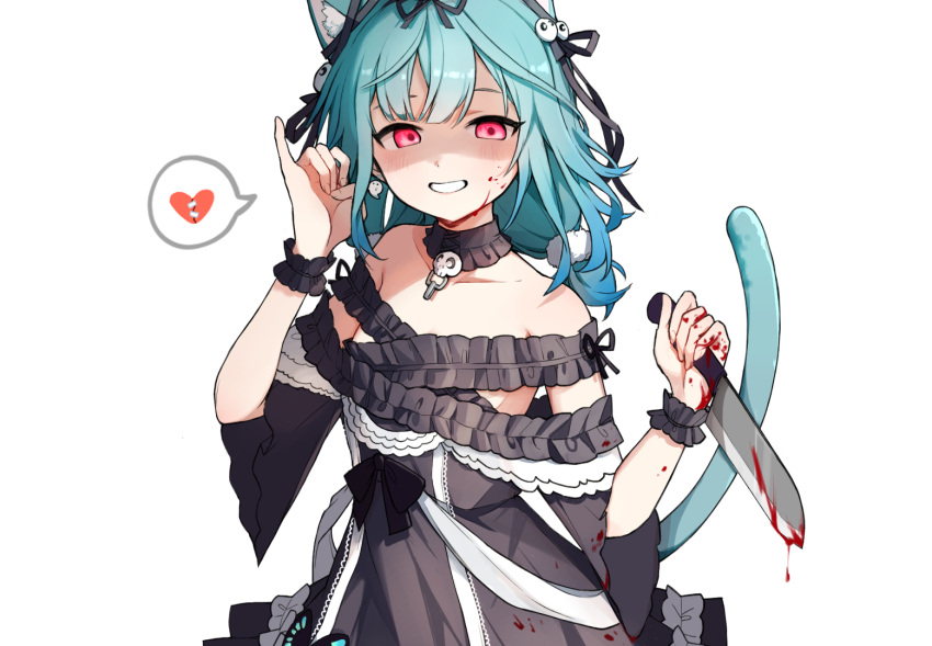 1girl animal_ear_fluff animal_ears bare_shoulders black_dress blood blood_on_face bloody_clothes bloody_weapon cat_ears cat_tail collarbone detached_collar dress flat_chest ghost_earrings glowing glowing_eyes green_hair heart holding holding_knife hololive kemonomimi_mode knife off-shoulder_dress off_shoulder red_eyes saple shaded_face short_twintails solo speech_bubble spoken_heart tail twintails uruha_rushia virtual_youtuber weapon yandere