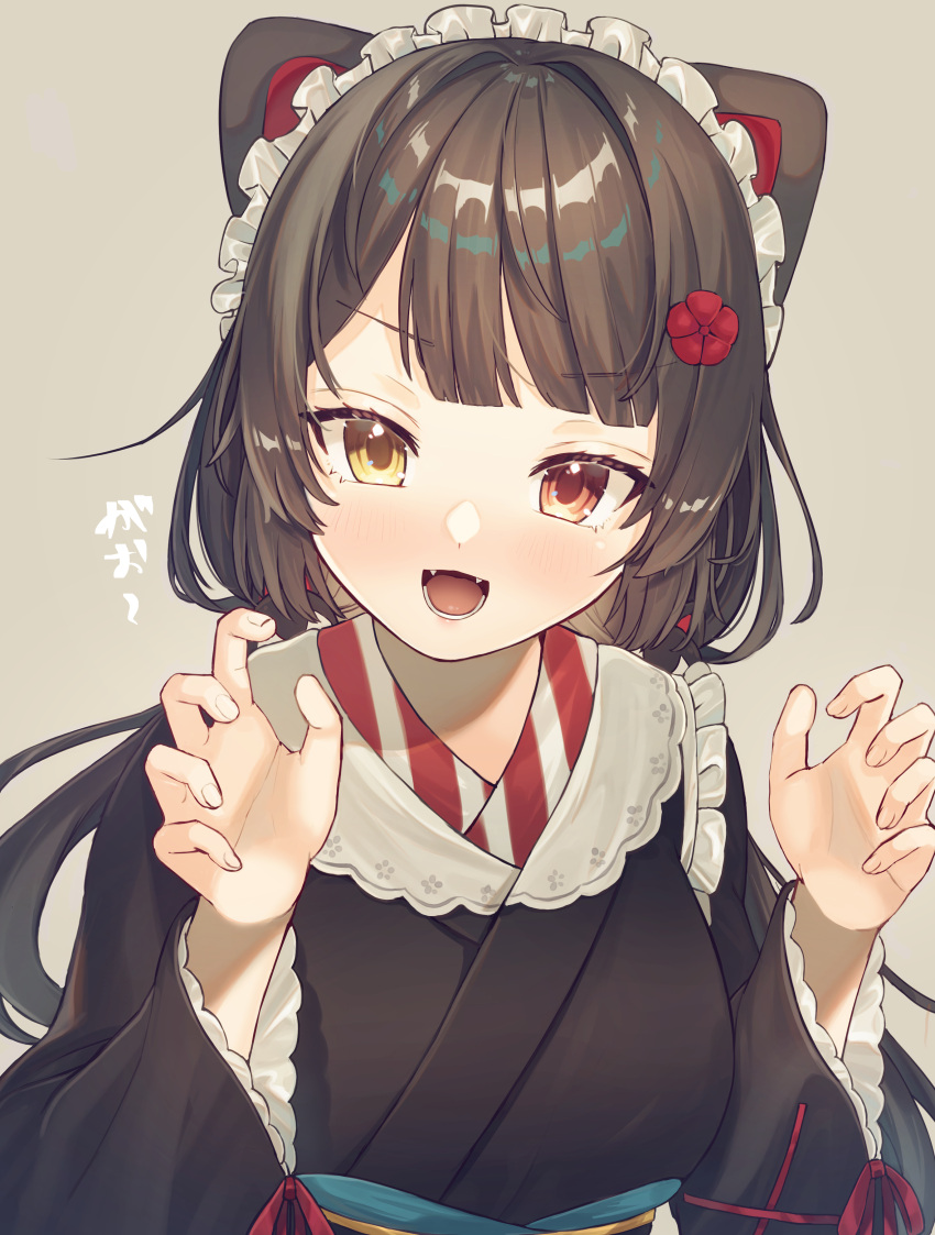 1girl :d absurdres animal_ears bangs black_hair black_kimono breasts claw_pose commentary_request dog_ears dog_girl eyebrows_visible_through_hair fingernails flower hair_flower hair_ornament heterochromia highres hiyorou inui_toko japanese_clothes kimono long_hair long_sleeves looking_at_viewer maid_headdress medium_breasts nijisanji open_mouth orange_eyes red_flower smile solo teeth twintails virtual_youtuber wa_maid yellow_eyes