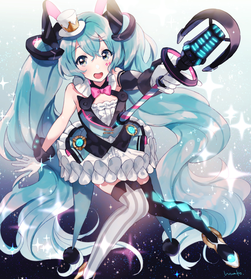 1girl absurdly_long_hair asymmetrical_gloves bangs bare_shoulders black_legwear blue_eyes blue_hair blush bow bowtie breasts collar dress eyebrows_visible_through_hair frilled_dress frills full_body gloves hanako151 hat hatsune_miku highres holding holding_microphone long_hair looking_at_viewer magical_mirai_(vocaloid) microphone mini_hat mini_top_hat mismatched_legwear open_mouth pink_bow shirt sleeveless sleeveless_shirt small_breasts smile solo striped striped_legwear thigh-highs top_hat twintails vertical-striped_legwear vertical_stripes very_long_hair vocaloid white_collar white_dress white_gloves white_headwear