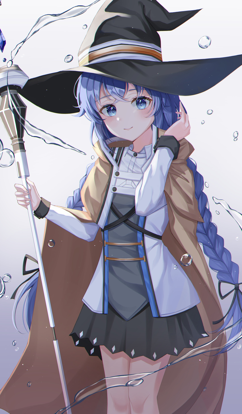 1girl absurdres bangs black_headwear black_skirt blue_eyes blue_hair braid brown_cape cape crossed_bangs gradient gradient_background hair_ribbon hat highres holding holding_staff huge_filesize jacket long_hair looking_at_viewer mushoku_tensei plaid ribbon roxy_migurdia skirt smile solo staff standing twin_braids water white_jacket witch witch_hat yulha_06
