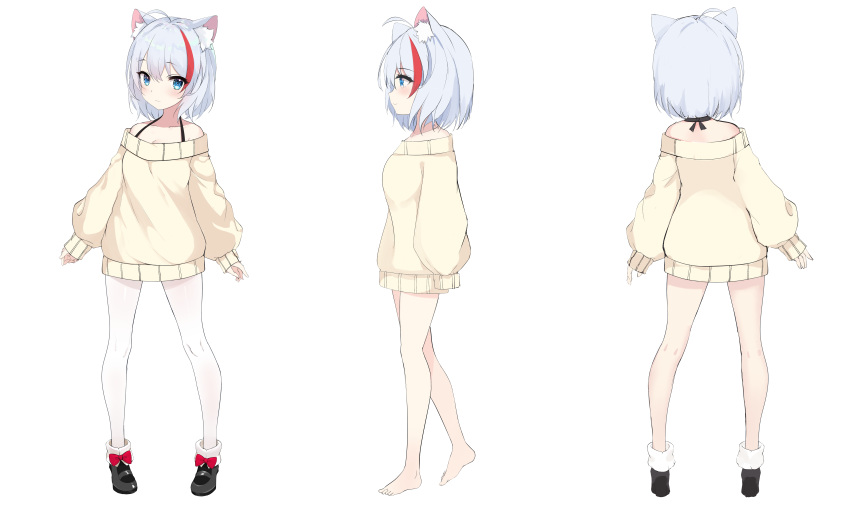 1girl :3 absurdres ahoge animal_ear_fluff animal_ears bare_legs bare_shoulders barefoot beige_sweater blue_eyes breasts closed_mouth from_behind from_side full_body highlights highres light_blue_hair long_sleeves multicolored_hair no_pants original pantyhose redhead shoes short_hair sleeves_past_wrists sweater white_legwear xiao_dao_jun