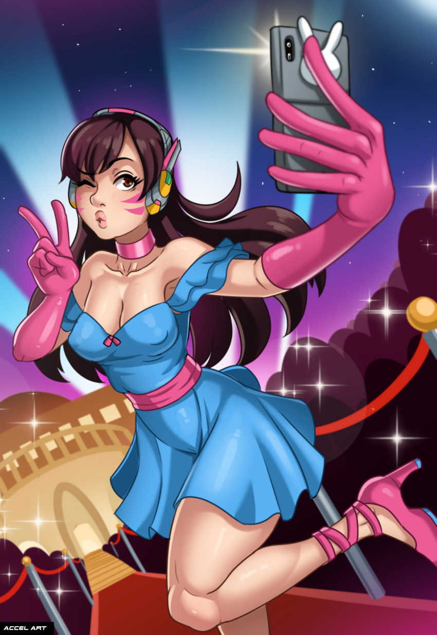 1girl absurdres accelart artist_name bare_shoulders blue_dress breasts brown_eyes brown_hair covered_nipples d.va_(overwatch) dress facial_mark foot_out_of_frame gloves highres leg_up long_hair medium_breasts night off_shoulder one_eye_closed outdoors overwatch pink_footwear pink_gloves selfie solo