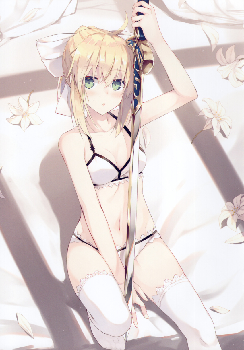 1girl absurdres artoria_pendragon_(all) bangs bare_shoulders between_legs black_bow blonde_hair blush bow bra breasts caliburn_(fate) eyebrows_visible_through_hair fate/unlimited_codes fate_(series) flower green_eyes hair_between_eyes hair_bow hand_between_legs highres holding holding_sword holding_weapon knee_up lingerie medium_breasts nagishiro_mito open_mouth panties petals saber_lily scan short_hair sitting solo sword thigh-highs underwear weapon white_bra white_flower white_legwear white_panties