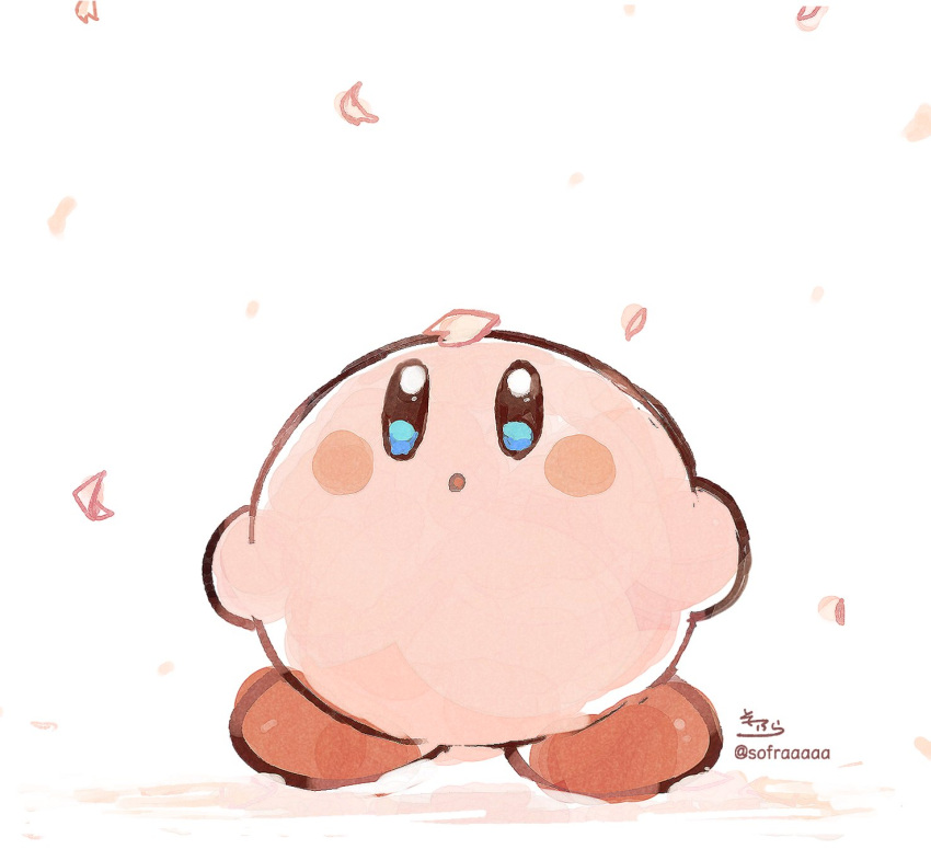 :o blue_eyes blush_stickers full_body highres kirby kirby_(series) looking_away looking_up parted_lips petals signature sofra solo standing twitter_username white_background